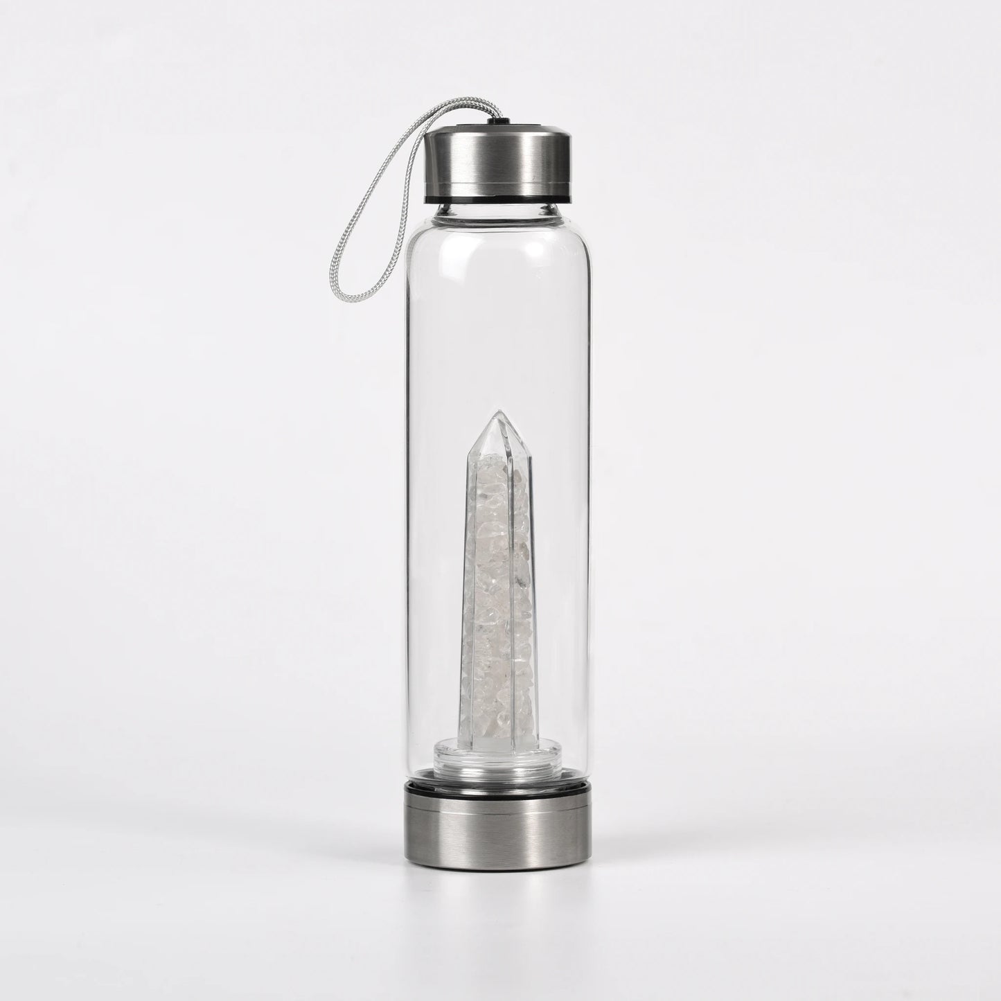 Botella de Cristal con Torre Energética Agua con Intención y Cristales Naturales