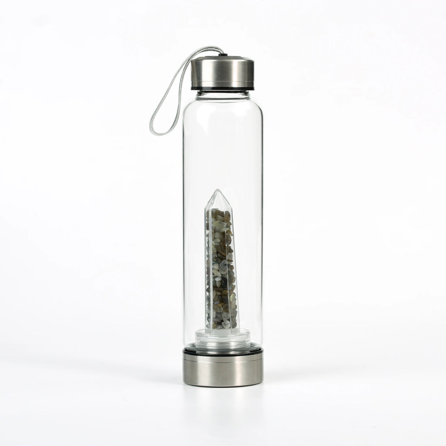 Botella de Cristal con Torre Energética Agua con Intención y Cristales Naturales