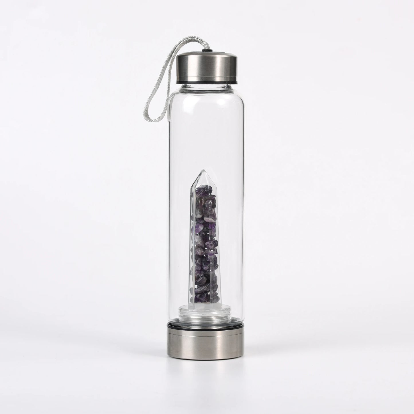 Botella de Cristal con Torre Energética Agua con Intención y Cristales Naturales