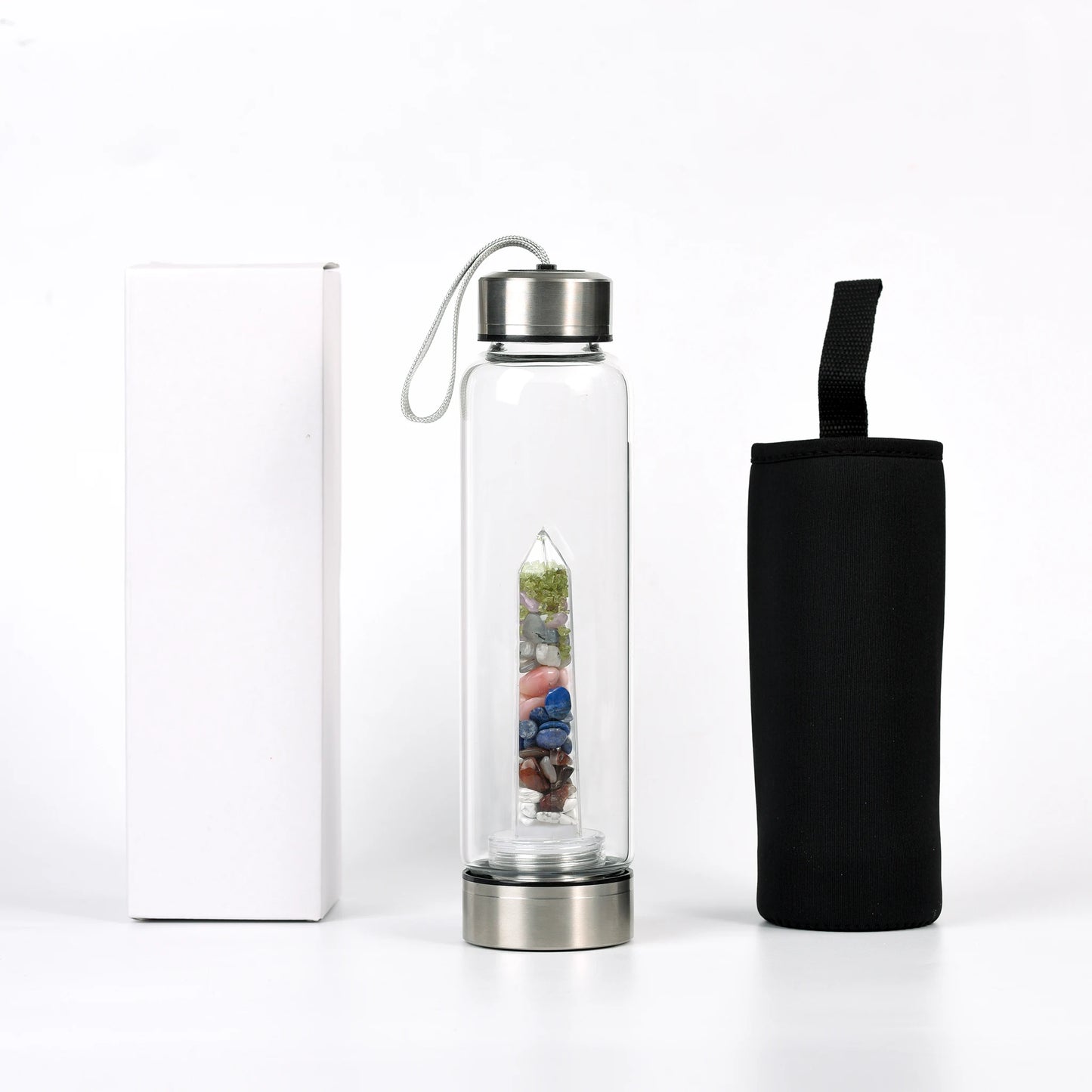 Botella de Cristal con Torre Energética Agua con Intención y Cristales Naturales