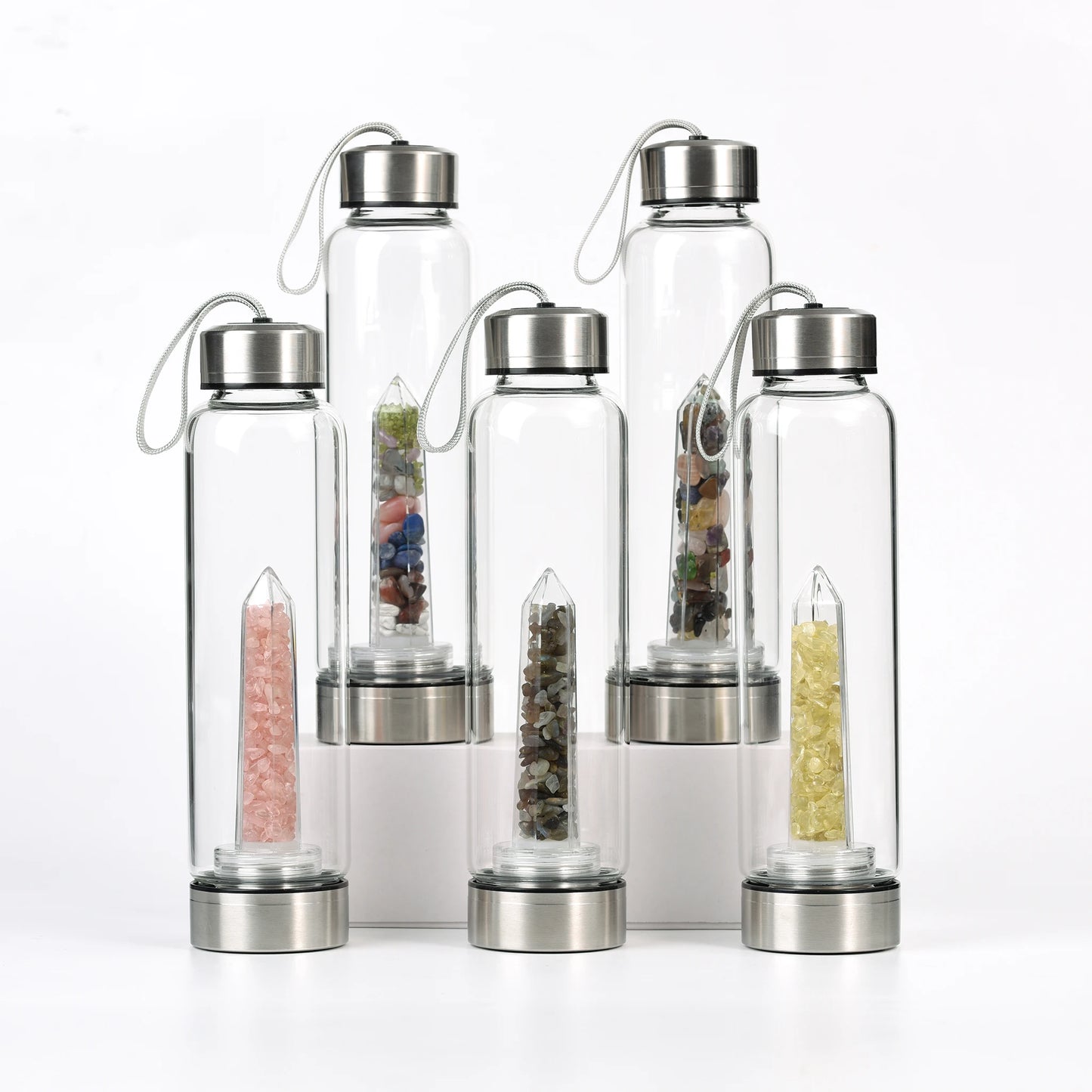 Botella de Cristal con Torre Energética Agua con Intención y Cristales Naturales