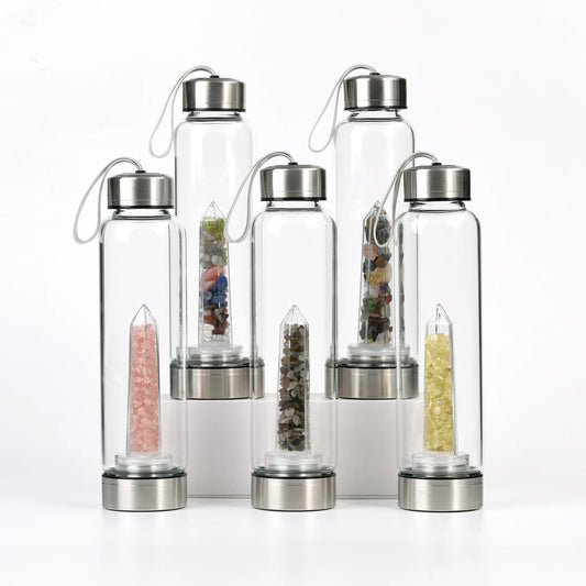 Botella de Cristal con Torre Energética  Agua con Intención y Cristales Naturales