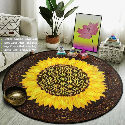 Alfombra Girasol Sagrado – Flor de la Vida y Energía Solar